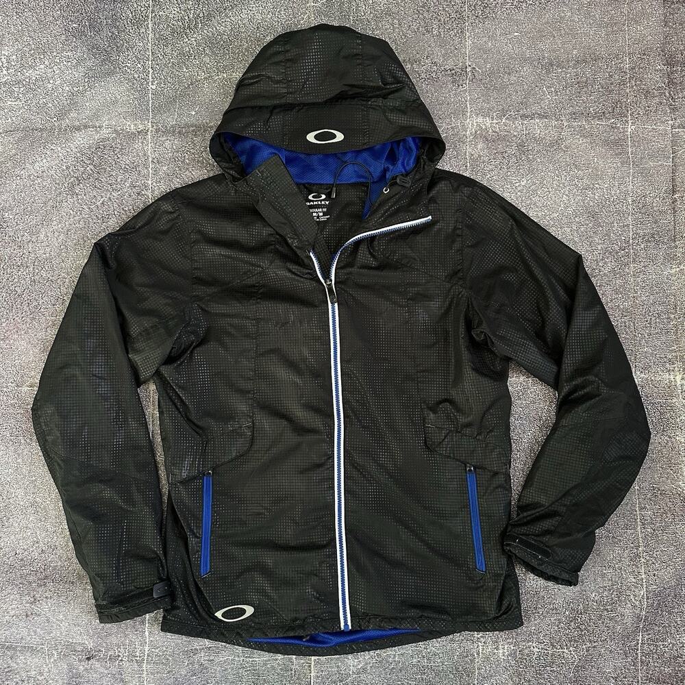 Men's Oakley Black Blue White Hooded Lightweight Zip Up Windbreaker Jacket Sz M